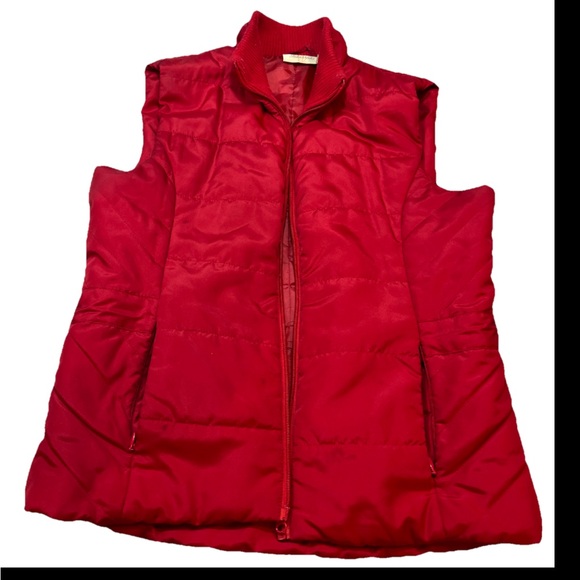 RED Puffer Vest womens M Pockets Sleeveless Jacket RIBBED BAND NECK M cinch Ties - Picture 1 of 16